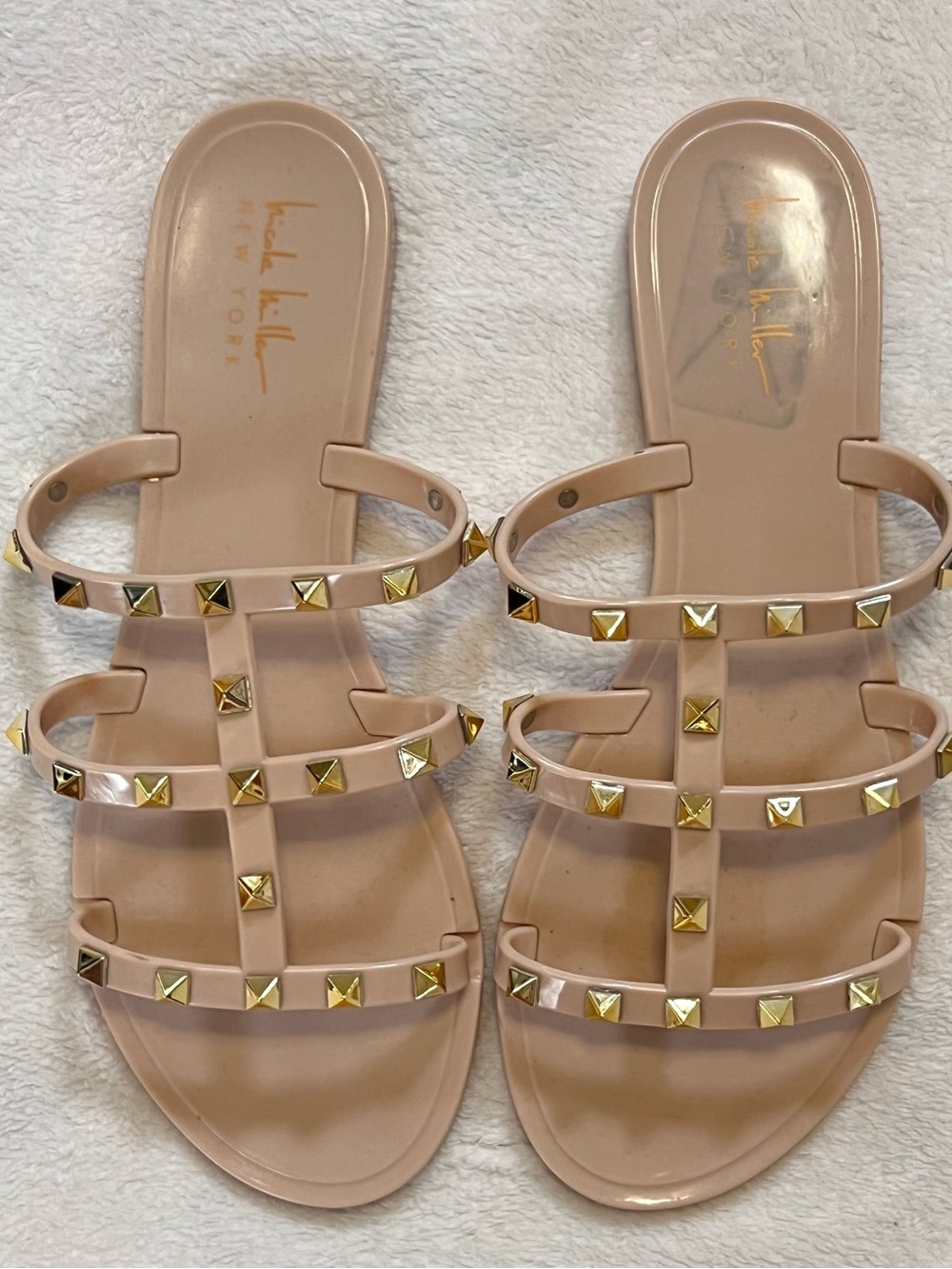 Nicole Miller Blush Nude Three-strap Slide Sandals with Gold Studs